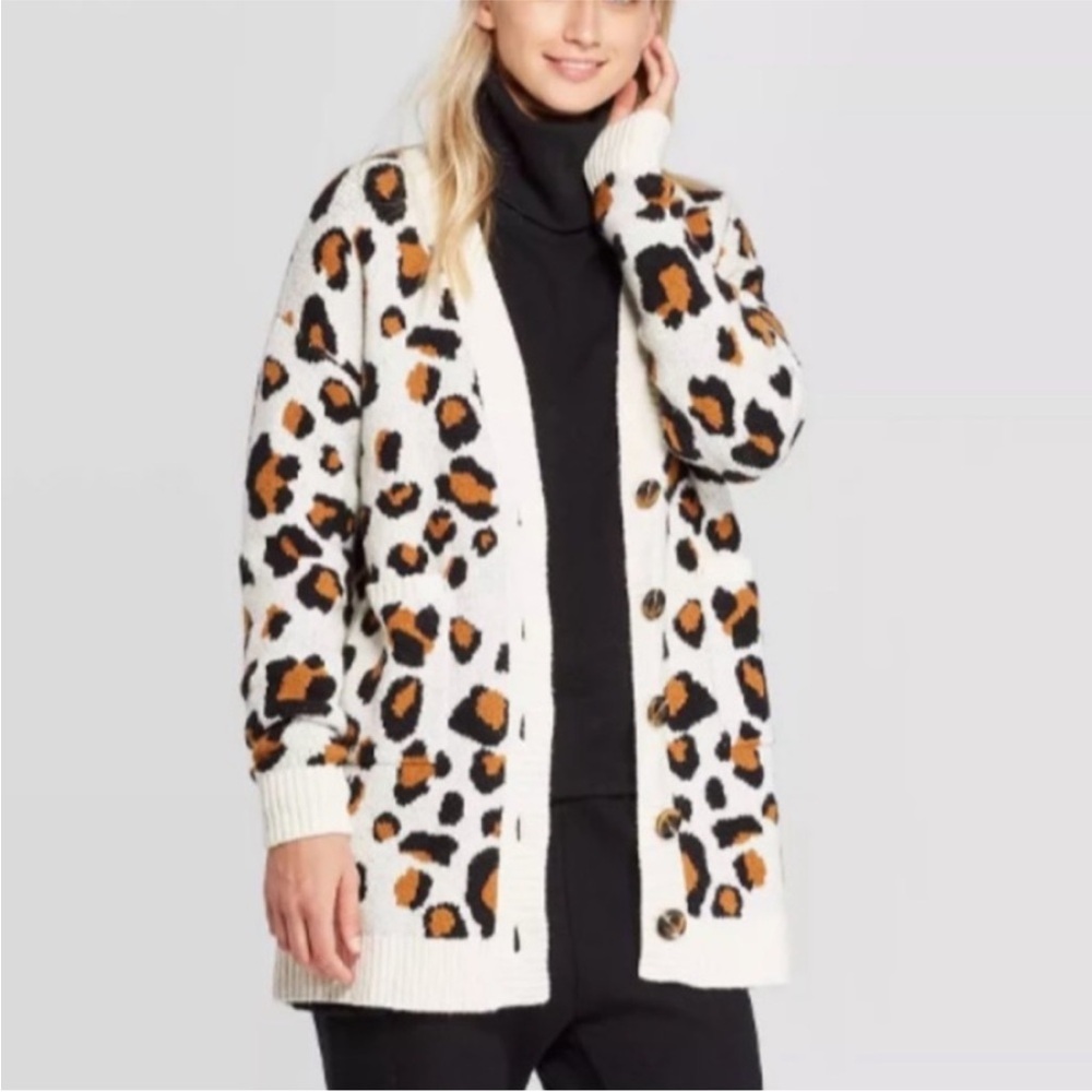 Cardigan Leopard Print Sweater Who What Wear Button Down Cardigan V-Neck Medium